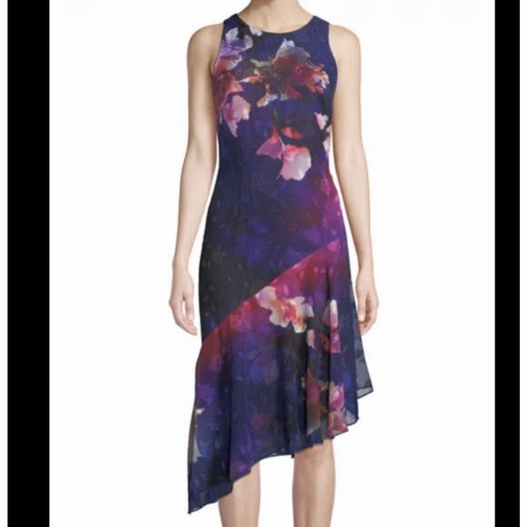 NEW DONNA KARAN 14 Sleeveless Asymmetrical Purple Floral Midi Women's Dress - Picture 2 of 14